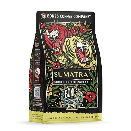 Bones Coffee Company Sumatra Single-Origin, Dark Chocolate, Smoky, Earthy Notes, Ground Coffee Beans, Low Acid Dark Roast Arabica Beans Flavored Coffee, 12 oz Ground