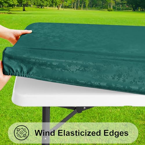 Image of Smiry Heavy Duty Vinyl Fitted Tablecloths for 6 Foot Rectangle Tables | Elastic Waterproof Fitted Tablecloths, Wipeable Washable Table Cover for Kitchen, Dining, Camping (Green, 30 inch x 72 inch)