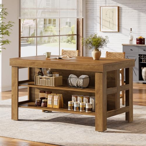 Tribesigns Kitchen Island with Storage and Seating, Farmhouse Large Stationary Wood Island Table for Kitchen Dining Room (All Brown)
