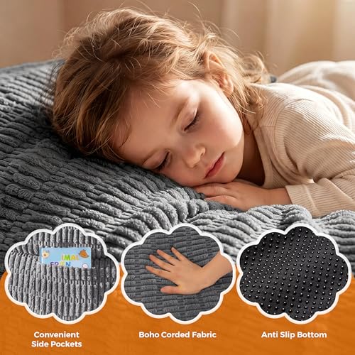 Image of MAXYOYO Kids Bean Bag Chair, Stuffed Toddler Bean Bag Sofa with Filler | Bean Bag Chair for Boys and Girls, Boho Striped Fabric Lazy Sofa with Pocket Floor Chair for Gaming, Reading, Dark Grey