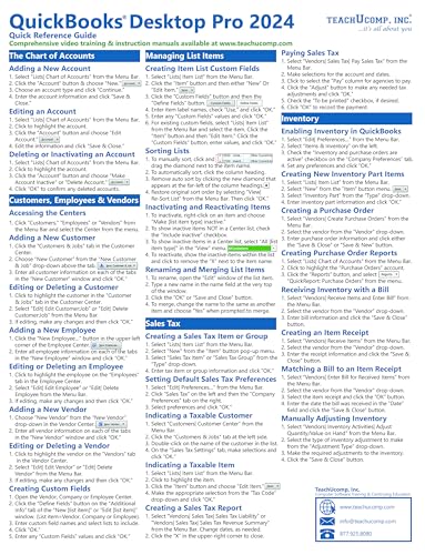 QuickBooks Desktop Pro 2024 Quick Reference Training Card - Laminated Tutorial Guide Cheat Sheet (Instructions and Tips)