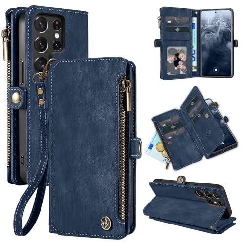 Étui pour Samsung S22 Ultra 5G LBH en cuir bleu avec portefeuille RFID intégré