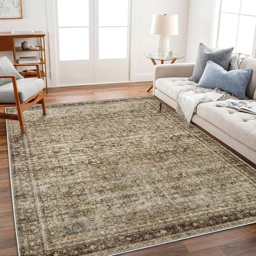 Champlant CP01-11 Area Rug 6X9 Washable Rug Dark Brown Vintage Rug Traditional Distressed Thin Rug Retro Kitchen Indoor Floor Cover Non Slip Carpet Floral Print Mat Living Room Bedroom Dining Room thumb #1
