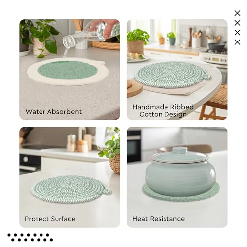 Image of Encasa XO Cotton Round Trivet Mats for Hot Dishes, Pot Holder Sage Combo