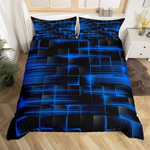 Loussiesd Juego de ropa de cama con diseño de cubo azul y negro, diseño geométrico de rayas, 135 x 200 cm, para niños, geometría, abstracto, moderno, ropa de cama
