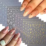 12 Sheets Metallic Sun Star Nail Art Stickers Silver Aurora Gold Moon Nail Stickers 3D Self-AdhesiveGlitter Rose Gold Silver Star Moon Nail Art Design for Women DIY Nail Decorations