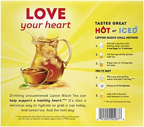 Lipton Tea Bags For A Naturally Smooth Taste Black Tea Can Help Support a Healthy Heart 8 oz 100 Count, Pack of 6