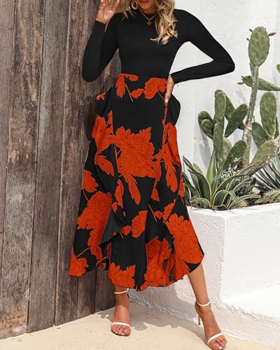 Image of BTFBM Womens Floral Maxi Dress Fall 2025 Casual Crewneck Long Sleeve Ruffle Flowy Cocktail Wedding Guest Dresses