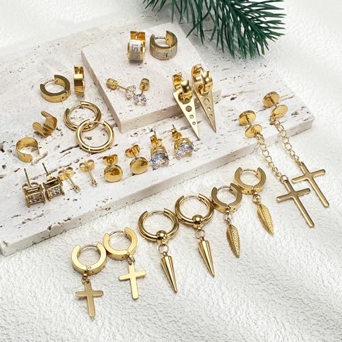 14 Pairs Earrings for Men and Women - Black Stud, Hoop, Cross, and Dangling Earrings Set - Stainless Steel Ear Cuffs Piercing Jewelry2