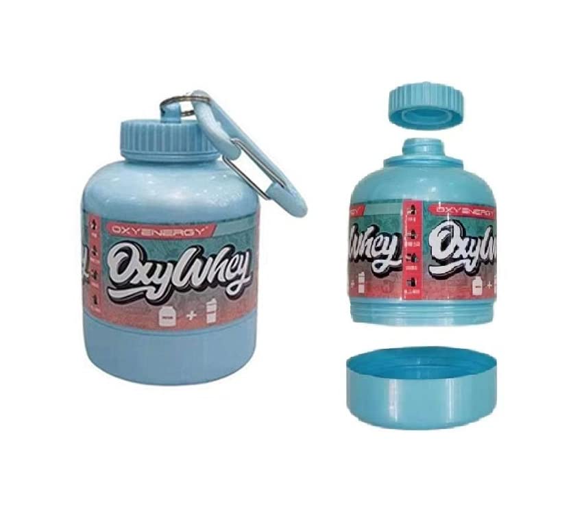 Omana Proteinpulverbehälter, Trichter, tragbare Nahrungsergänzungs-Pulveraufbewahrung mit Schlüsselanhänger, für Reisen, Fitnessstudio, Workout, Fitness, 200 ml, 60 g, Blau