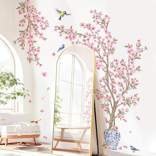 decalmile Stickers Muraux Arbre Fleurs de Cerisier Rose Grand Autocollant Mural Floral Branche Arbre Oiseaux Vase Décoration Murale Salon Chambre Mur TV