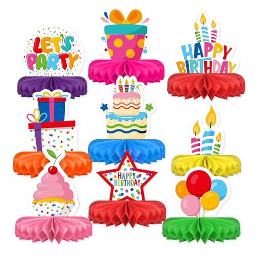 9 Piezas Decoracion Mesa Cumpleaños,Adornos para Centro de Mesa Nido de Abeja,HMCEY Happy Birthday Decoracion de Mesa Baby Shower,Adornos Decorativos para Fiesta Reutilizable para Niñas, Niños