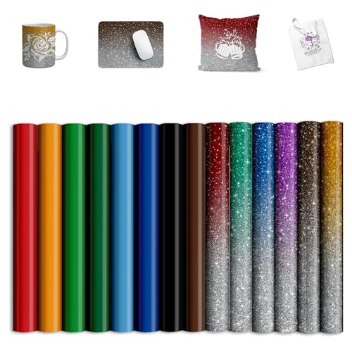 Sublimation Transfer Ink Sheets for Cricut Heat Press Solid Color Glitter Pre-Inked Transfer Paper for T-Shirts Mugs Tumblers 12x10 14pcs