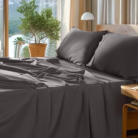SONORO KATE 100% Egyptian Cotton Sheets Set - 1000 High Thread Count, Luxury 5-Star Hotel Sateen Bed Sheets, Soft, Breathable Long Staple Sheets, Fit up to 16" - 4 PC (Dark Grey,Queen) Cover
