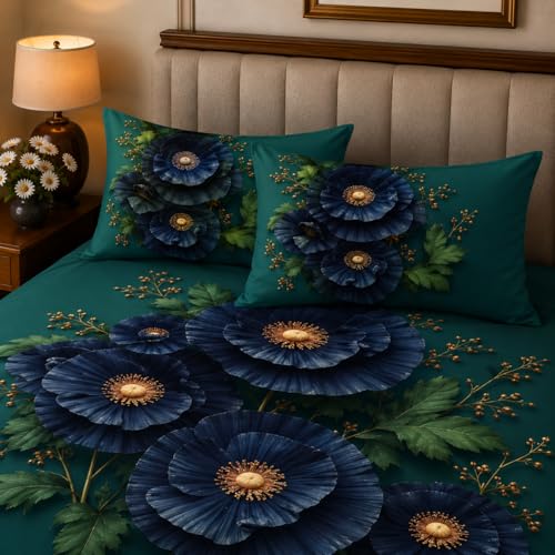 Image of 7D Digital Printed King Size Bedsheet with 2 Pillow Covers | Soft Premium Cotton Feel Microfiber Double Bed Bedsheet |Breathable,Wrinkle Free & Fade Resistant|(TealFloral, KingSize-225x250CM)