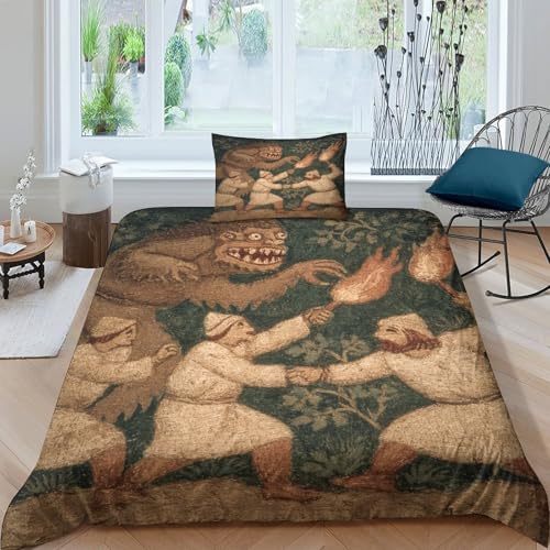 Szene mit Mann mit Fackel im Kampf gegen Troll Bettwäsche-Set Kissenbezügen,Mittelalterlicher Kunststil 3D Druck,weich, Microfaser Bettbezug...