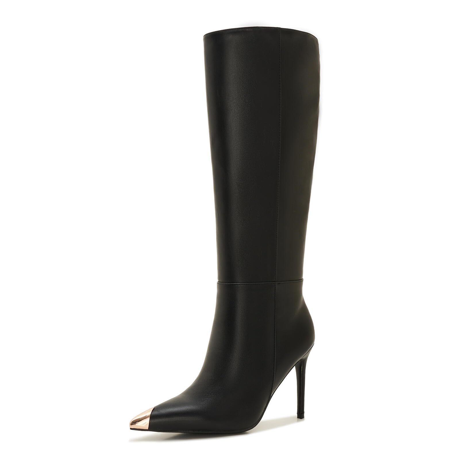 Womens Wide Calf Knee High Boots Plus Size Stiletto Heel Boots with Metal Toe Dressy Pointed Toe Fall