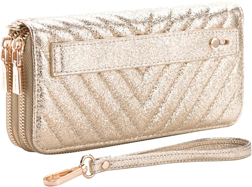 B BRENTANO Vegan Leather Double Zipper Pocket Wallet with Grip Hand Strap (GOLD GLITTER)