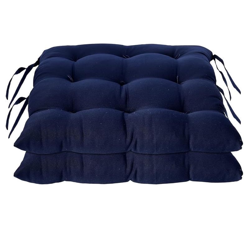 Image of Rajasthan Crafts Pack of 2 Chair Pad | Chair Cushion Pad | Microfiber Square Chair Pads with Ties | Seat Cushion for Chair Office, Sitting, Pooja, Dining & Office Tables (16x16 Inch, Navy Blue)