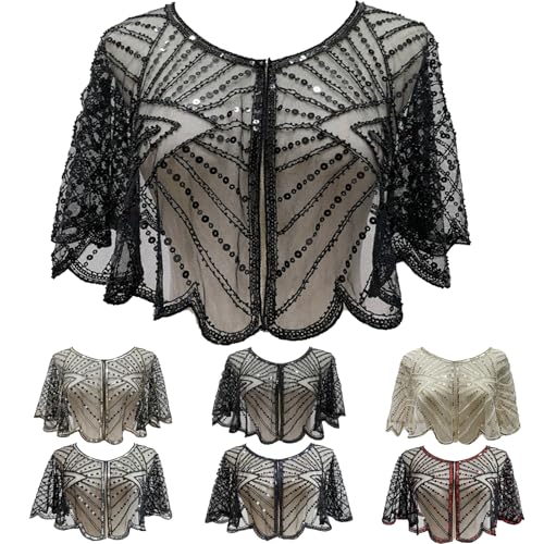 Vintage Lace Beaded Shawl, 1920s Shawl, Beaded Capelet for Evening Dresses