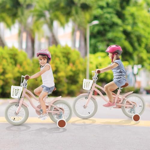 HOMGX 14”/16”/18” Kids Bike for Boys & Girls Aged 3-8 Years Old w/Training Wheels, Basket, 95% Pre-Assembled (Pink, 14