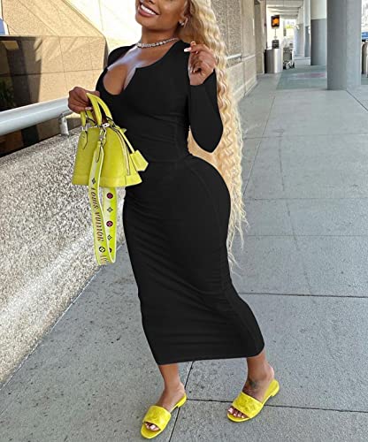 Image of Women Sexy Two Piece Skirt Outfits Long Sleeve /Sleeveless V Neck Bodycon Ribbed Knitted Maxi Club Party Dress