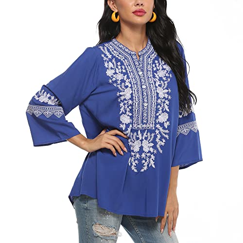 Traditional Mexican Embroidered Peasant Tops for Women, Plus Size Vintage Floral Tunic Shirts, Flowers Embroidery Blouses2