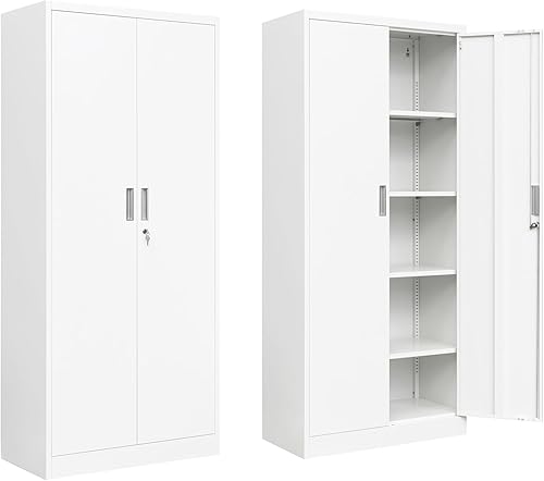 BESFUR Gabinete de almacenamiento de metal, 71 pulgadas, gabinete de metal blanco para garaje, estantes ajustables y puertas de bloqueo para