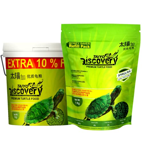 Image of Taiyo Pluss Discovery Premium Turtle Food - 1 kg Bucket (Extra 10% Free) with Another 1 kg Refill Pouch Combo | Daily Nutrition Sticks with Spirulina and Stabilised Vitamin C (2 kg Combo)