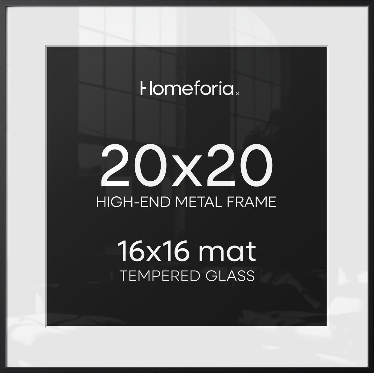 Homeforia 20x20 Picture Frame Black, High End Metal 20x20 Square Poster Frame Matted to 16x16 Print, 20 x 20 Black Frames with Mat 16 x 16 Photo, 20by20 Thin Frames, Tempered Glass, Wall Kit, Set of 1