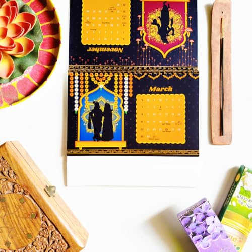 Image of Lord Krishna Silhouette Desk Calendar 2026 | 9x6 Inch Flip Calendar with Unique Krishna Art & Vibrant Backgrounds | Indian Holidays Marked | Spiritual Office Desk Decor