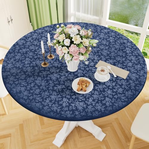 Image of Smiry Waterproof Heavy Duty Vinyl Fitted Tablecloth for 36 inch-44 inch Round Table | Elastic Plastic Table Cloth, Wipeable Washable Floral Patio Table Cover for Picnic, Kitchen and Dining, Navy