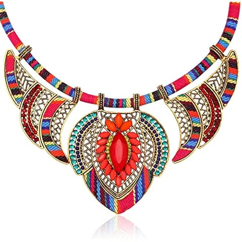 Greoer Chunky Necklace for Women Girls, Vintage Bohemian Festival Costume Necklace, Ethnic Style Tribal Beaded Bib Collar Choker Colorful Alloy Chunky Necklace for Festival, Daily Decor Cover