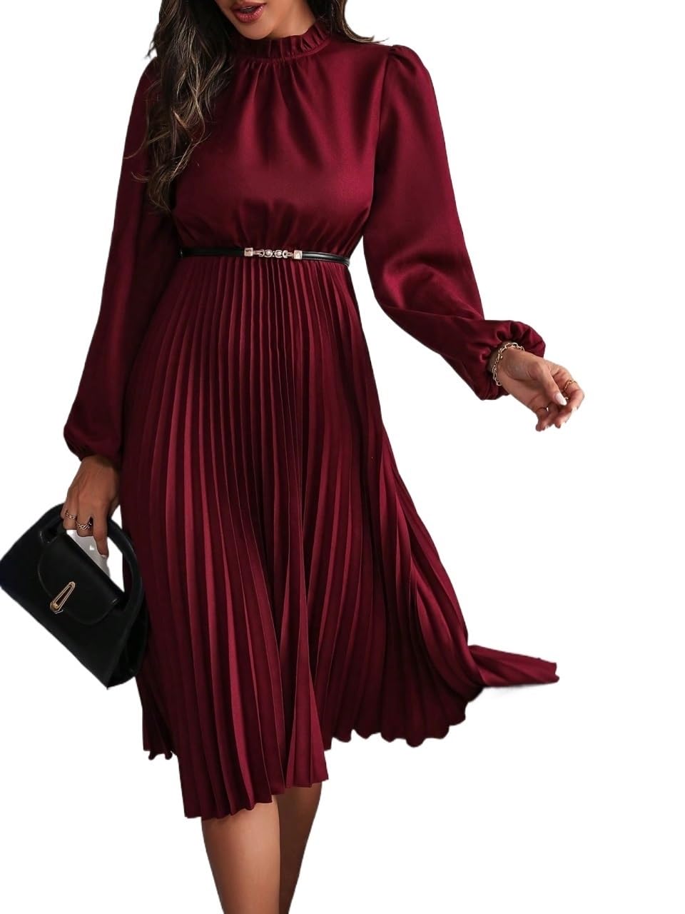 Womens 2024 Midi Dress Long Sleeve Solid Color Lantern Sleeve Dress With Pleated Hem