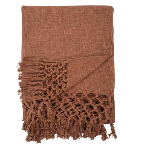 Image of HAKAM Cotton Throw Blanket with Macrame Tassels for 3 Seater Sofa | Ideal for Your Home, Living Room, Sofa, Bed, Chair, Picnic & Used for Gift - 50X70 inch (Rust, Single)
