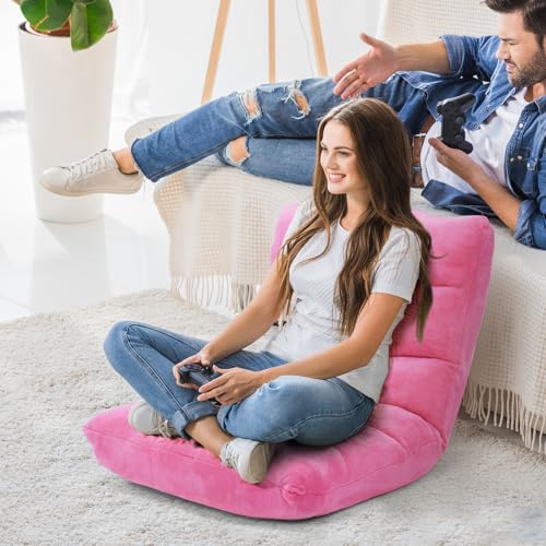 Image of COSTWAY Floor Chair, Video Gaming Chairs with Back Support | Adjustable 14-Position, Alloy Steel Frame, Soft Coral Fleece, Lazy Sofa Lounge for Adults Kids, Pink