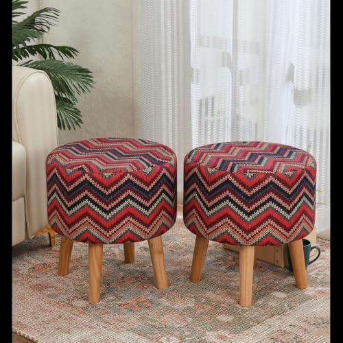 Image of NACIA Printed Ottoman Stool Set of 2 | Soft Cushioned Velvet Pouf Footrest with Wooden Legs | Decorative Seating Stool for Bedroom Living Room Home & Office (16x16x17 Inch, Zik Zak)