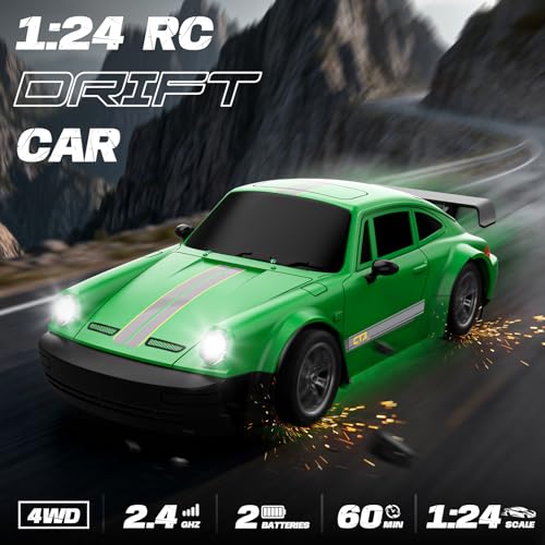 Image of RC Drift Car 1:24 Scale, 4WD Remote Control Car with LED Lights 20KM /H High Speed, Dual-Mode Racing & Drifting Toy Car with 2 Batteries, Gift for Kids & Adults, Green