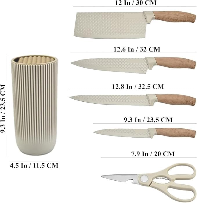 Image of Luxury 6 in 1 Wooden Coating Knife Set Light Wood Grain Handle Anti-Rust Non-Stick Stainless Steel Sharp Edge with 4 Knifes, 1 Stand, 1 Scissor for Hotel, Travel, Meat, Fruits (Black)