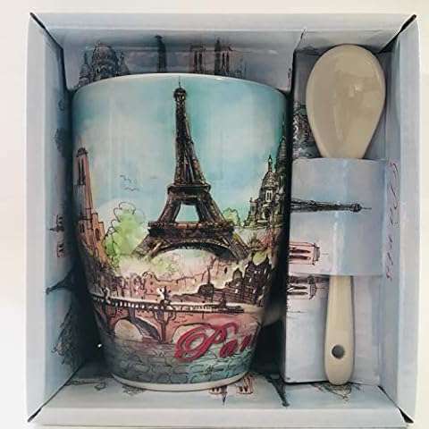 Vianaya Paris Eiffel Tower and other Paris Monuments Mug - Walk and Coffee in Paris Theme - Medium Size 10 cm and Spoon Included - Main Colours Blue and Green - Glossy Look Cover