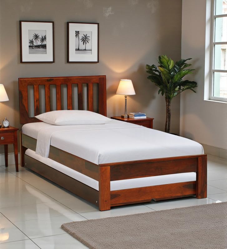 Image of Solid Sheesham Wood Wave Single Bed with Box Storage, Wooden Single Bed Cot Palang for Bedroom, Guest Room, Home and Hotel, Honey Oak Finish Durable Wooden Furniture