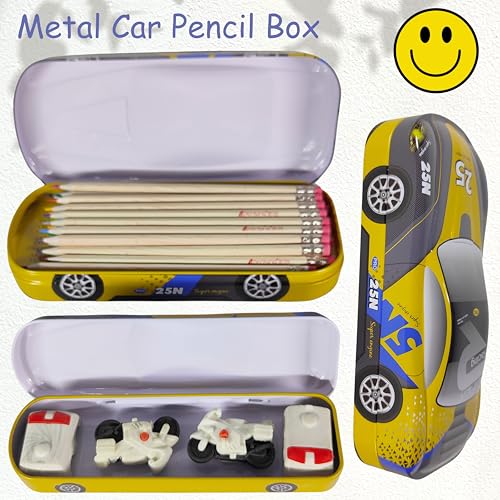 Image of ZAFCO Metal Car Pencil Box for Kids | Compass for Boys | Two in One Pen Box for Students | Car Geometry for School | Pencil Box for Boys | Birthday Return Gift 1 Unit (Yellow)