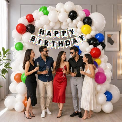 Image of Rozi Decoration Happy Birthday Decoration Kit 47 Pcs with Banner, White, Black & Multicolor Balloons for Adults and Kids Birthday Parties Decoration Items