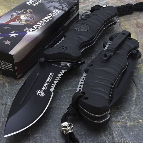 New SairusPlay 8.5" USMC Tactical Spring Assisted Pocket Knife Drop Point Blade Folding Open