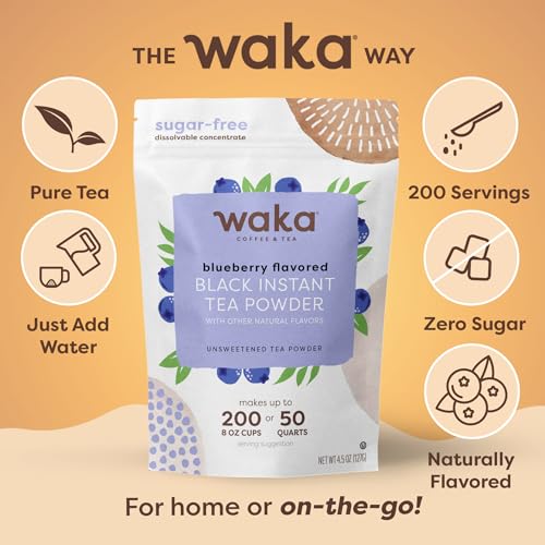 Image of Waka Instant Black Tea Mix, Blueberry Flavored, Sugar-Free, 4.5 oz | 100% Tea Leaves, No Additives, Unsweetened Tea Powder, For 50 Quarts or 200 of Hot or Iced Cups