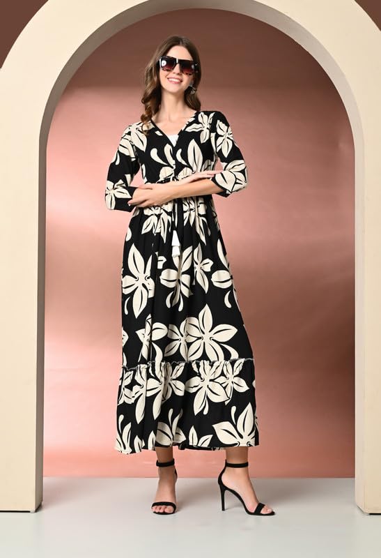 Image of Daevish Women's New Rayon Printed Tie-up Waist V Neck Flared Maxi Dress | Women Flared Dress
