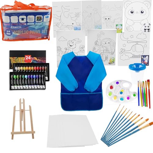 ZingArts 38-Piece Kids Painting Set with 24-Color Acrylic Paint, Wooden