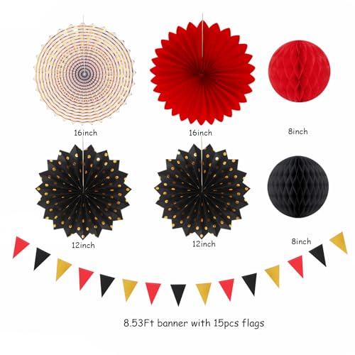 Image of Red-Black Gold Casino Theme Party-Decorations - 20pcs Game Night Paper Lanterns Fans,Tissue Pom Poms,Honeycomb Balls,Bunting,Birthday Graduation Wedding Bridal Baby Shower Decor Burgleda
