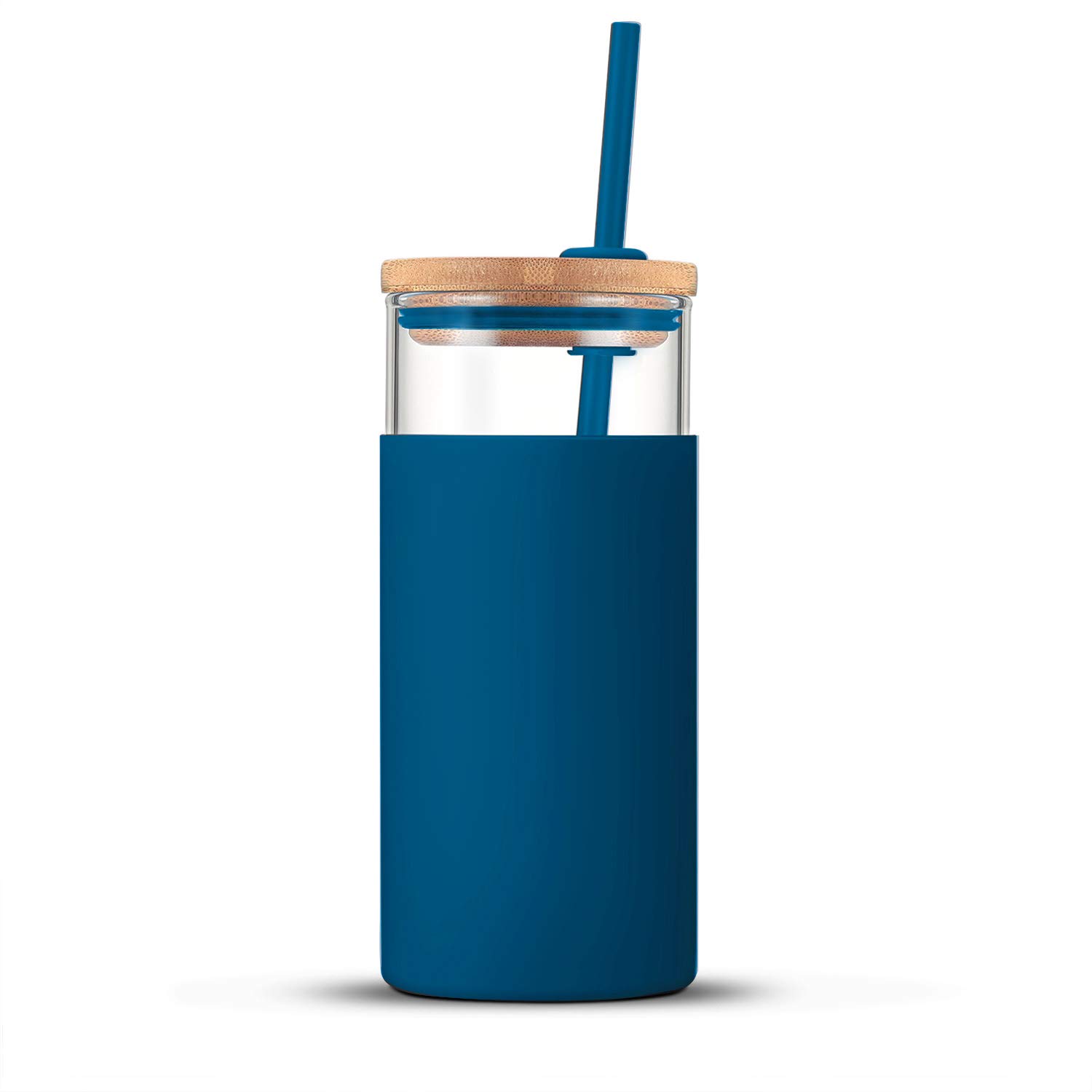 tronco (Blue Horizon) - 590ml Glass Tumbler Glass Water Bottle Straw Silicone Protective Sleeve Bamboo Lid - BPA Free (Blue Horizon)