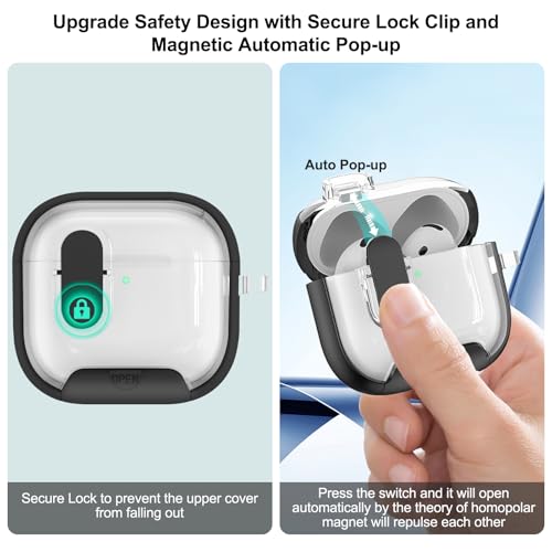 Image of Aircawin for Airpods 4 Case Clear,Secure Lock for Airpods 4th Generation Case Cover with Phone Stand and Magsafe Function,Auto Pop-up,Hybrid Protection Design with Carabiner&Cleaning Pen-Black